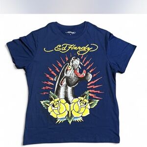 Ed Hardy Blue and Yellow Graphic Tee Short Sleeve